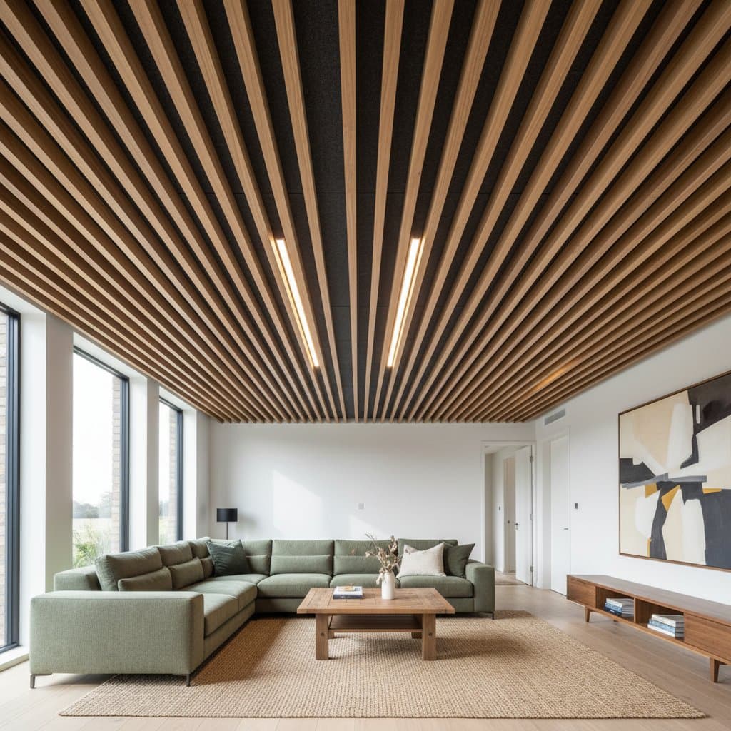 Featured image for DIY Wood Slat Ceilings Cut Echo and Cost Under $16/Sq Ft