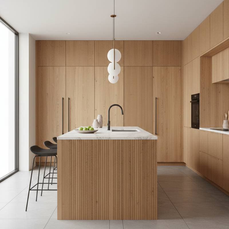 Featured image for Ribbed Oak Cabinets Transform Flat Kitchen Into Textured Focal Point